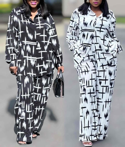 Printed twin set shown in black and white: button-up top with wide-leg trousers