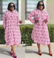 Geometric midi dress with long sleeves, pink and white lattice pattern, collared