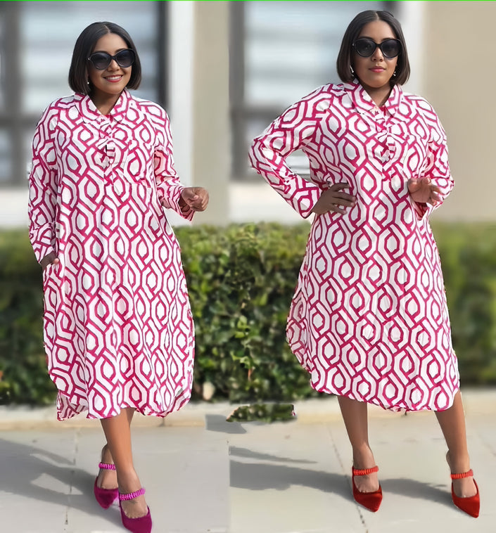 Geometric midi dress with long sleeves, pink and white lattice pattern, collared