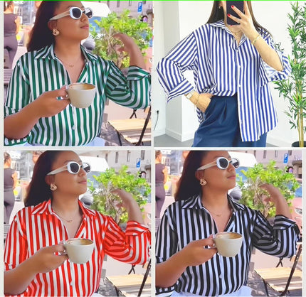 Striped shirt with classic collar, button front, long sleeves