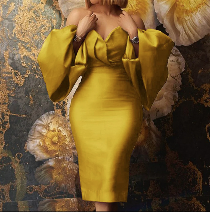 Gold off-shoulder midi dress with pleated bodice and long puff sleeves