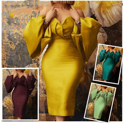 OffShoulder Puff Sleeve Pleated Dress