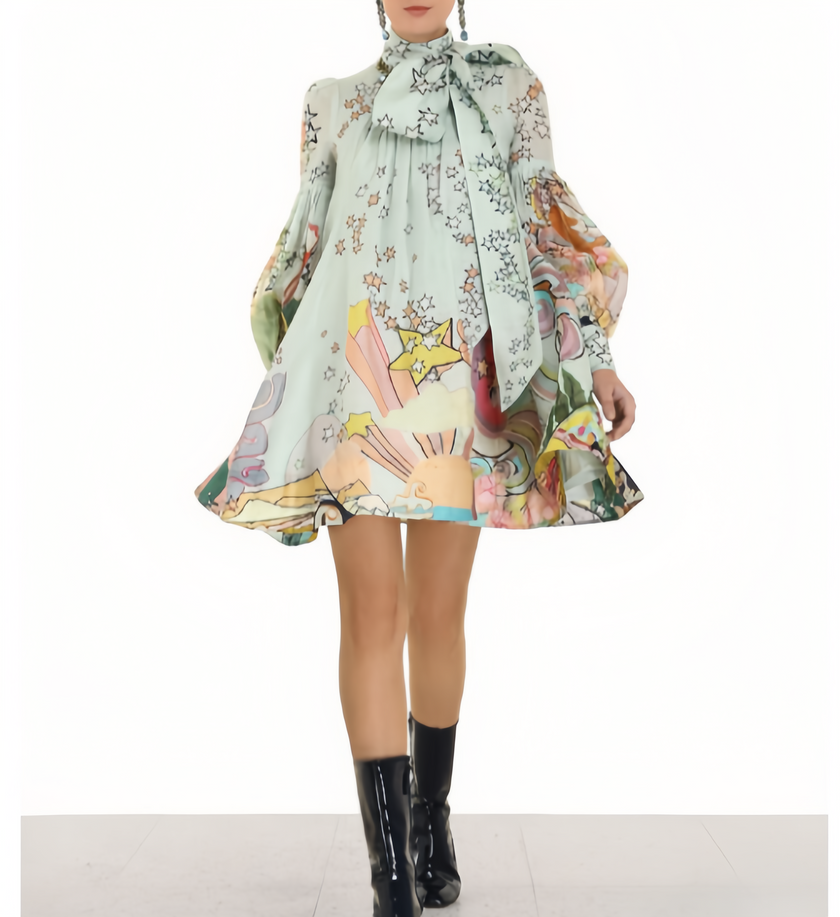 Flared mini dress with high neck bow, long puff sleeves, mint floral print