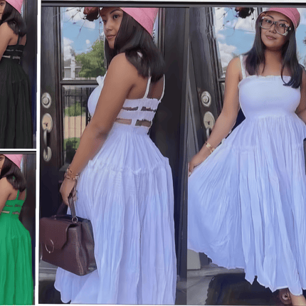 White pleated maxi dress with cut-out back and spaghetti straps