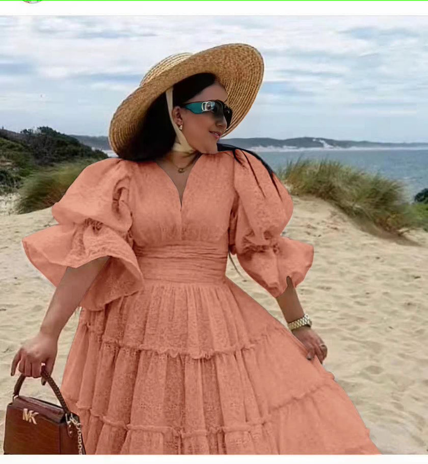 Beachside Elegance Mid-Calf Tiered Dress with Puffy Sleeves and Textured Design