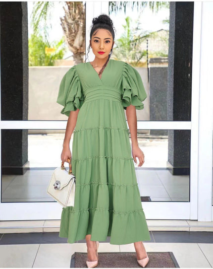 Dark-sea-green tiered midi dress with puff sleeves and V-neck