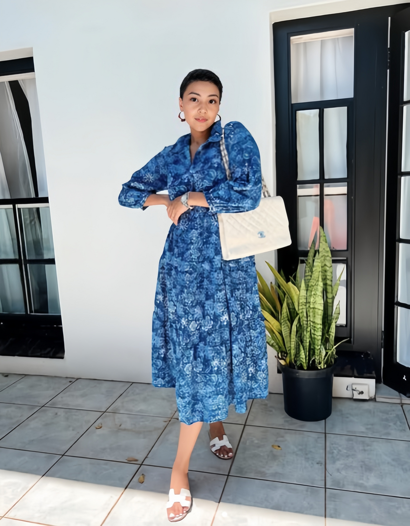 Women's Long Sleeve Printed Dress with Waist-Tailored Design