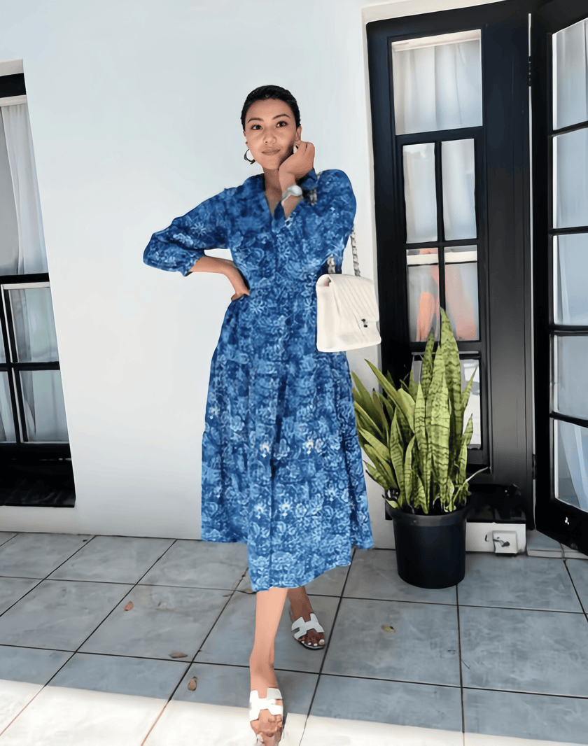 Women's Long Sleeve Printed Dress with Waist-Tailored Design