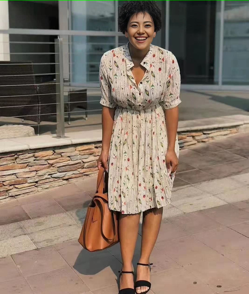 Elegant Floral Print V-Neck Short Sleeve Knee-Length Dress with Button Front and Waist Tie Detail