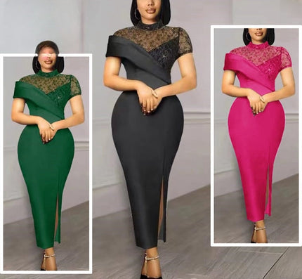 Forest-green lace midi dress with asymmetrical high neckline and high front slit