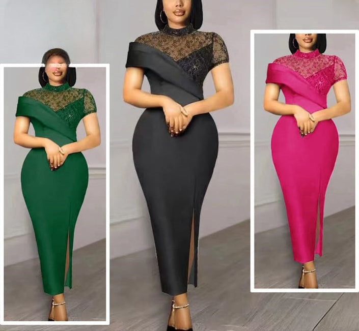 Forest-green lace midi dress with asymmetrical high neckline and high front slit
