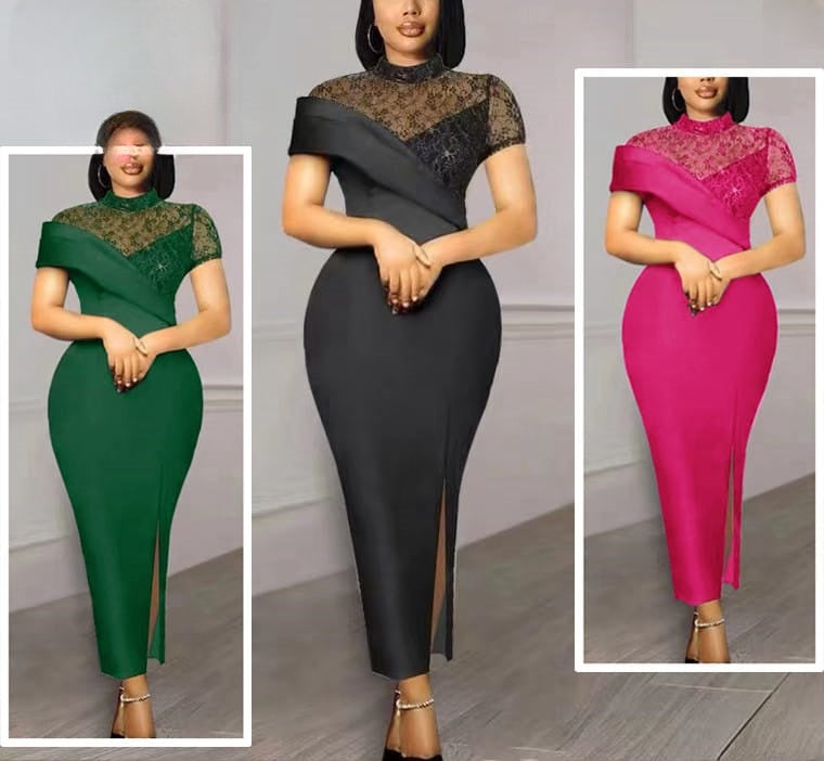 Forest-green lace midi dress with asymmetrical high neckline and high front slit