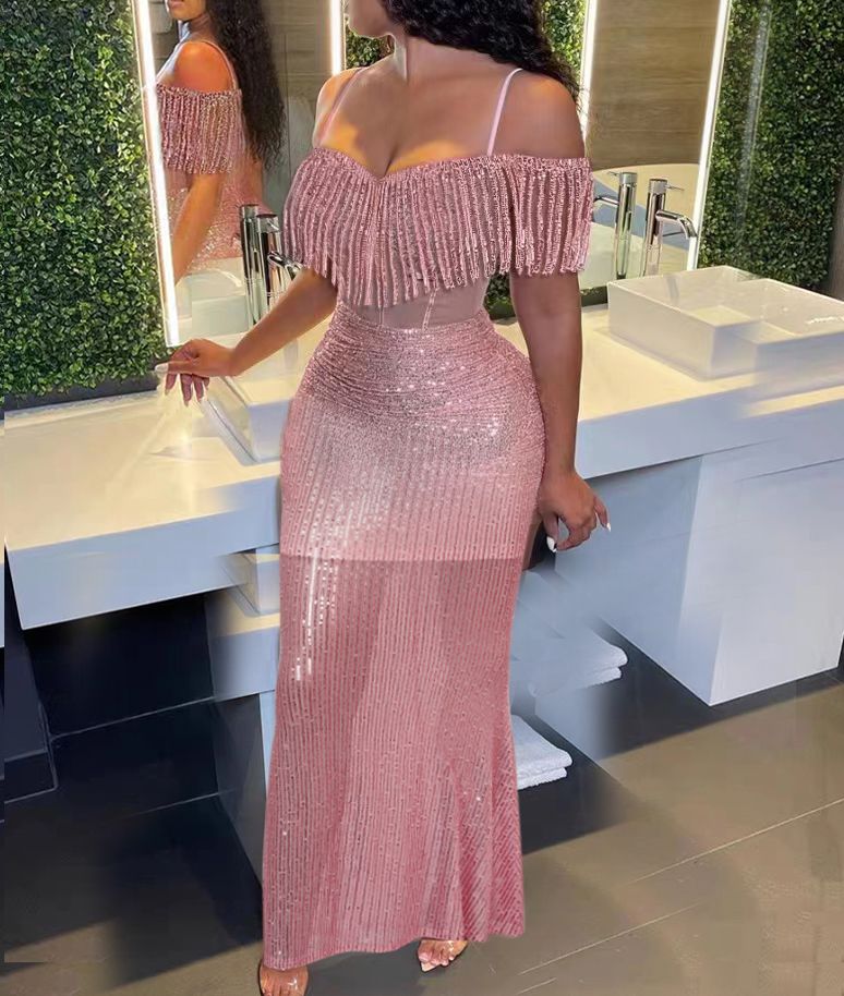 Pink sequin off-shoulder maxi dress with fringe detail, mermaid fitted hem