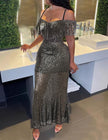 Black sequin off-shoulder maxi dress with fringe, fitted mermaid silhouette