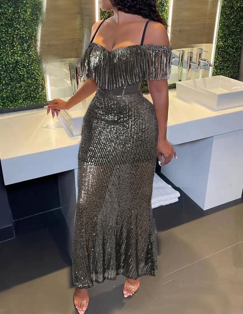 Black sequin off-shoulder maxi dress with fringe, fitted mermaid silhouette