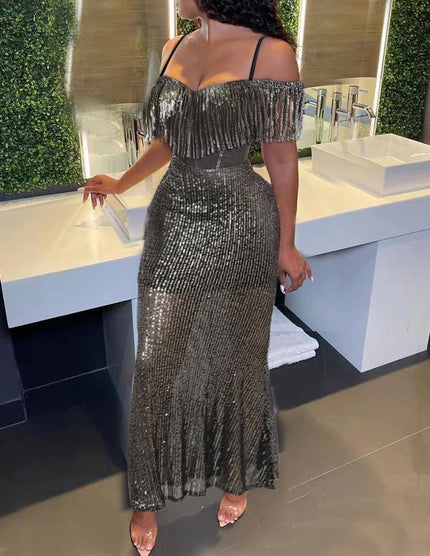 Black sequin off-shoulder maxi dress with fringe, fitted mermaid silhouette