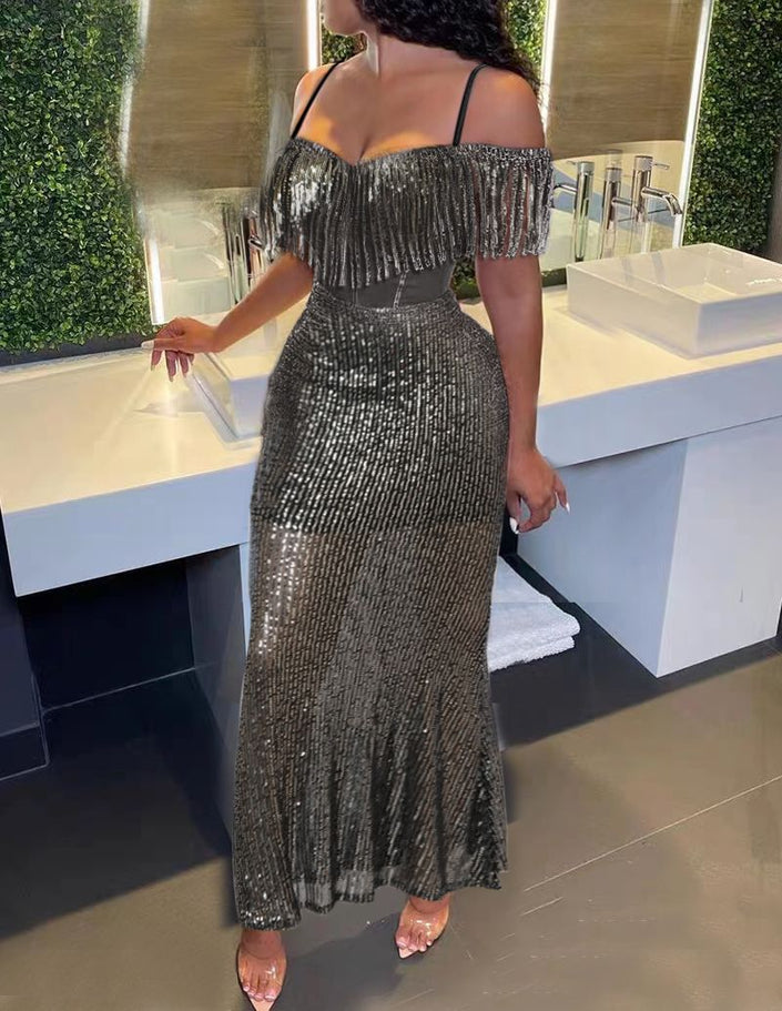Black sequin off-shoulder maxi dress with fringe, fitted mermaid silhouette