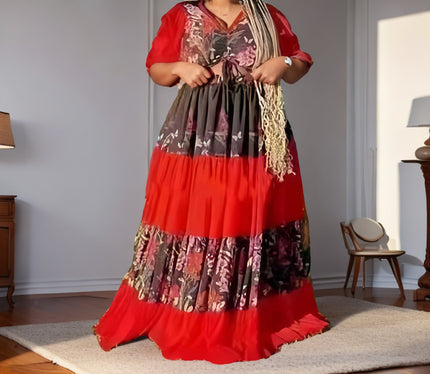 Plus size floral tiered ruffle maxi dress with red skirt tiers and mixed print bodice
