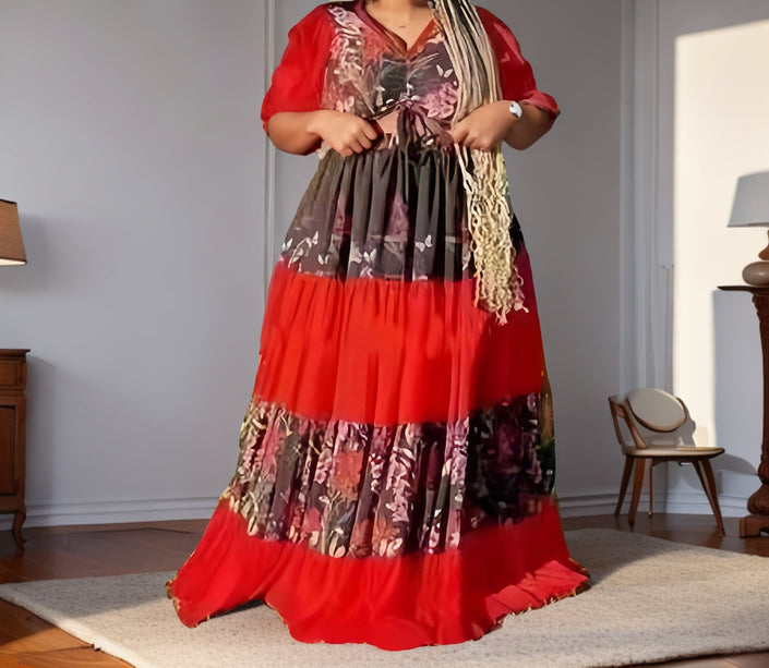 Plus size floral tiered ruffle maxi dress with red skirt tiers and mixed print bodice