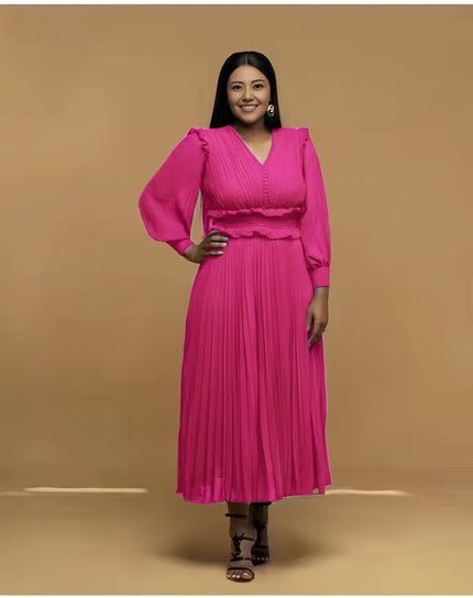 Deep pink pleated midi dress with V-neck and long puff sleeves