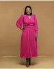 Deep pink pleated midi dress with V-neck and long puff sleeves