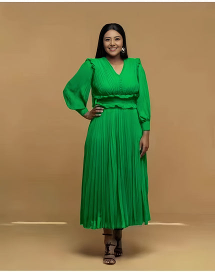 Green pleated midi dress with V-neck and long puff sleeves