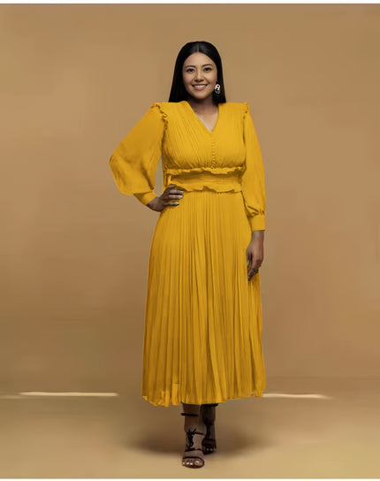 Yellow pleated midi dress with V-neck and long puff sleeves