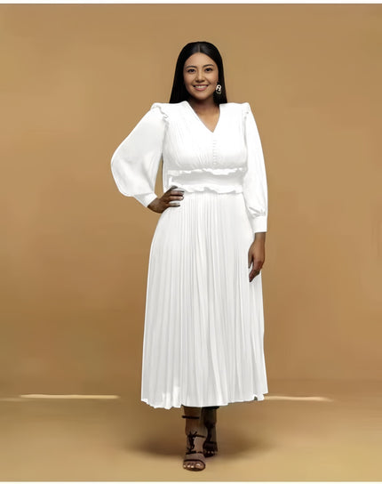 White pleated midi dress with V-neck and long puff sleeves