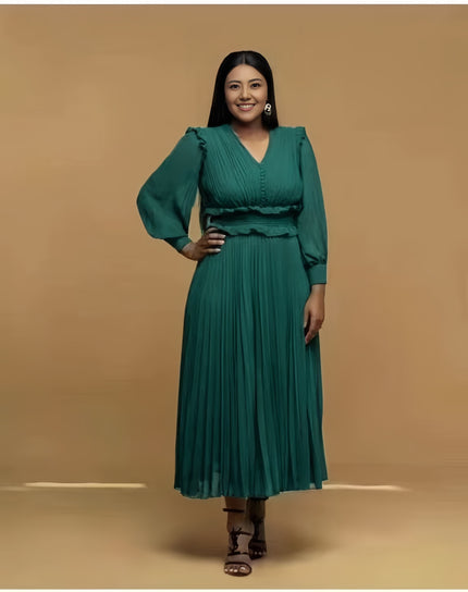 Dark green pleated midi dress with V-neck and long puff sleeves