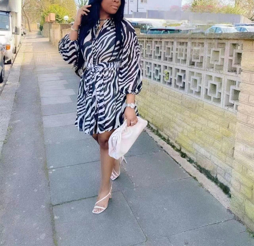 Zebra print shirt dress with long puff sleeves and gathered waist, black and white stripes