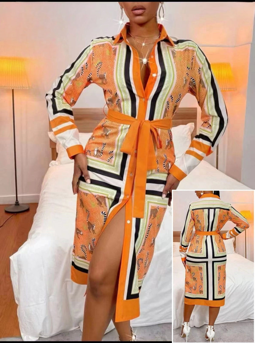 Orange printed belted midi dress, long sleeves, V-neck, striped border, sash waist