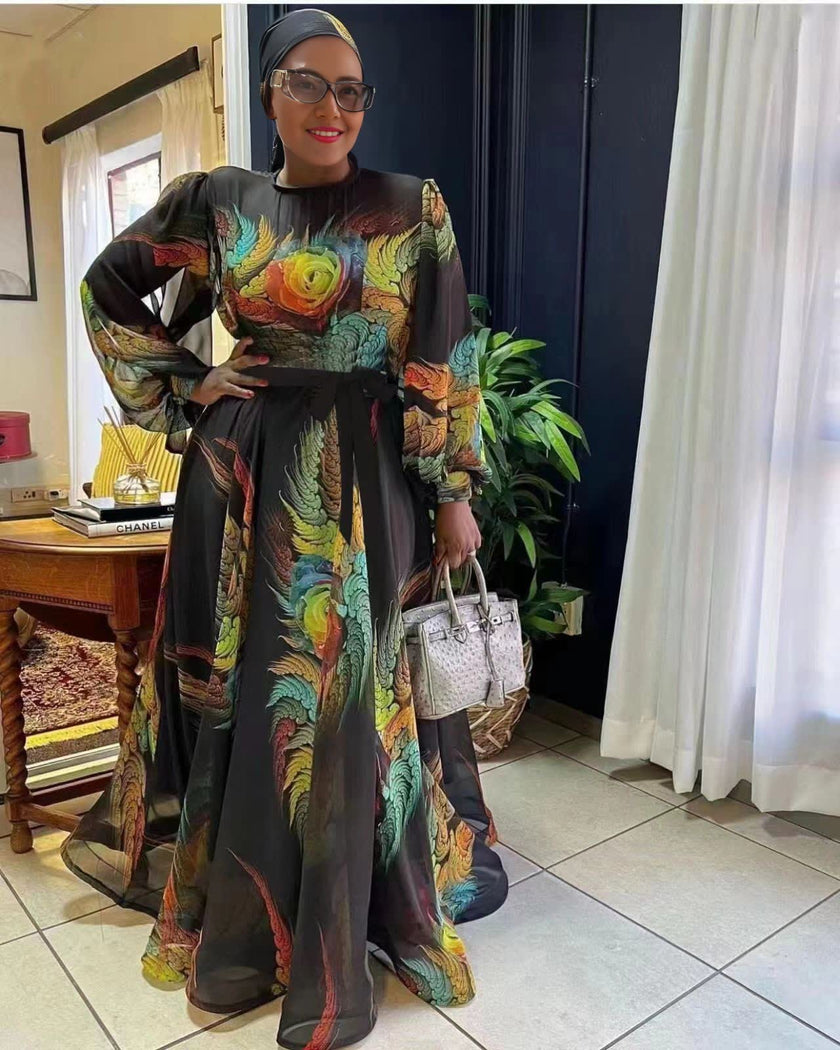 Long-Sleeve Floral Print Maxi Dress with Fitted Waist and Flared Skirt