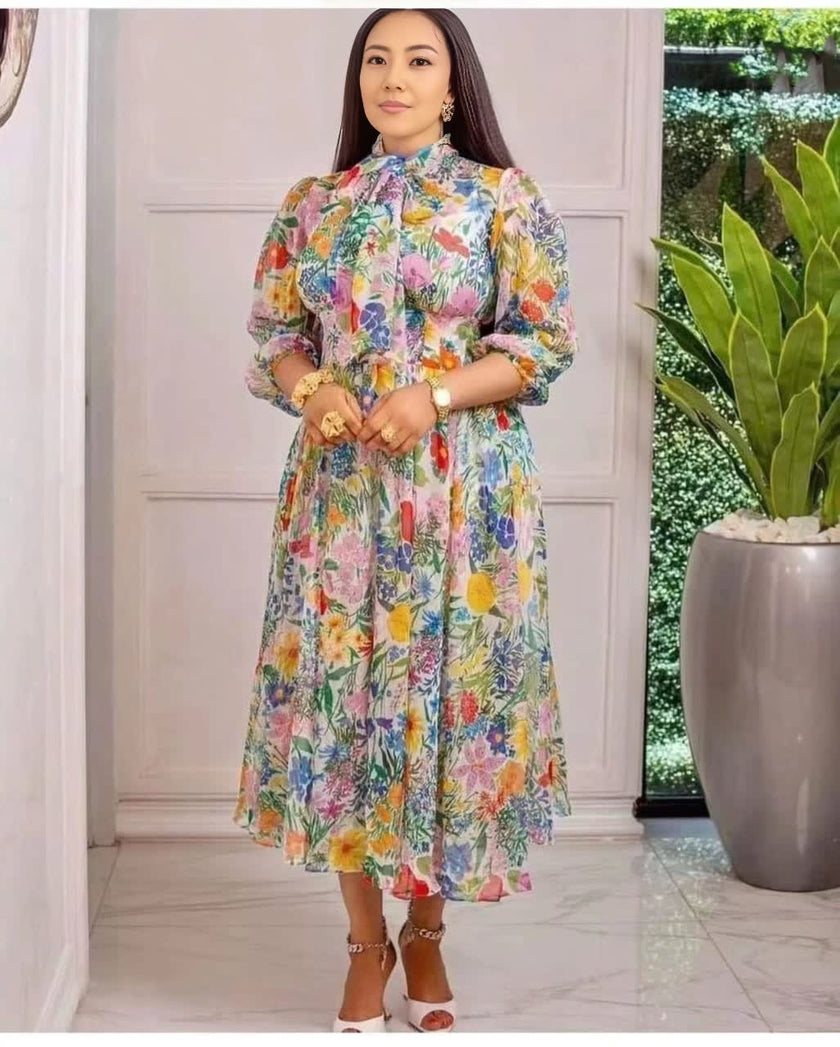 Floral Print Midi Dress with Collar and Long Sleeves