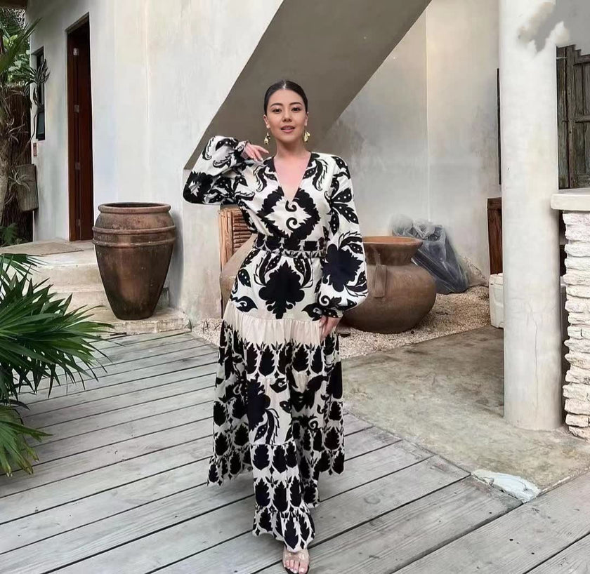 Long-Sleeve Full-Length Patterned Dress with Fitted Waist