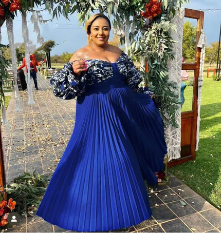 Off-shoulder pleated maxi dress in dark blue with patterned long sleeves