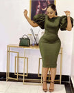 Olive bodycon midi dress with puff sleeves, fitted waist