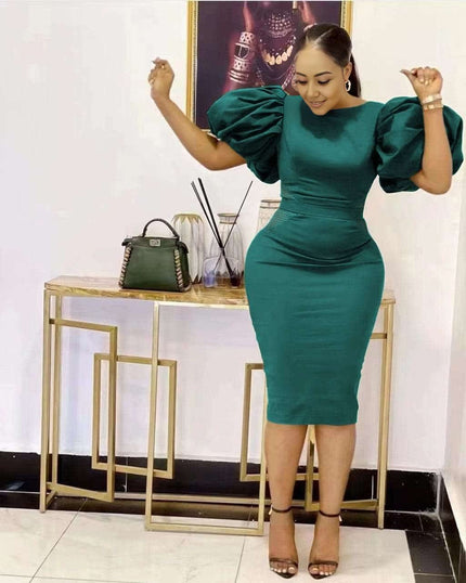 Teal puff sleeve bodycon midi dress, fitted waist, short gathered puff sleeves