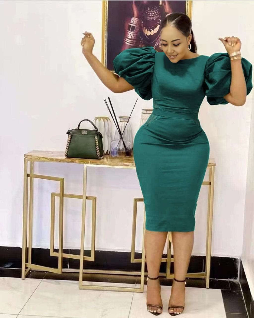 Women's Elegant Puff Sleeve Bodycon Dress - Detailed Design with Ruched Sleeves and Waist Accents