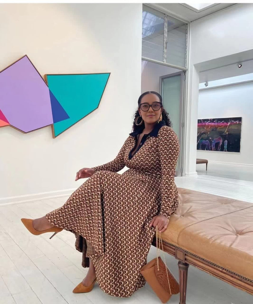 Geometric Patterned Flared Dress with Long Sleeves and V-Neckline