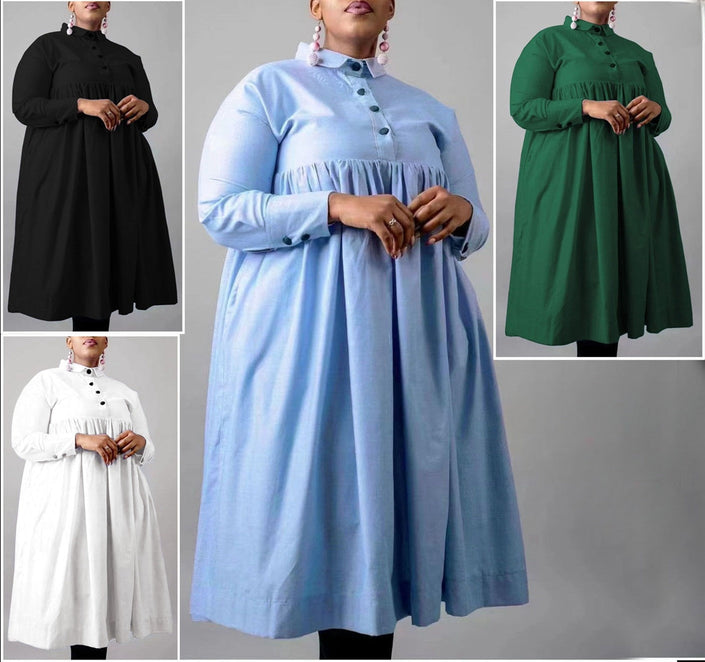 A-line collared button dress with gathered waist, long sleeves, dark buttons