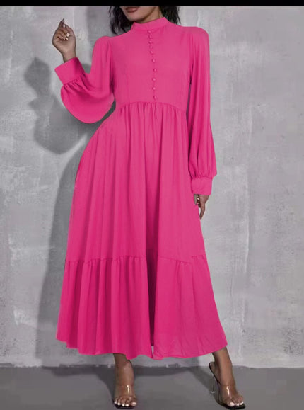 Hot-pink midi dress with puff sleeves, button front, and tiered skirt