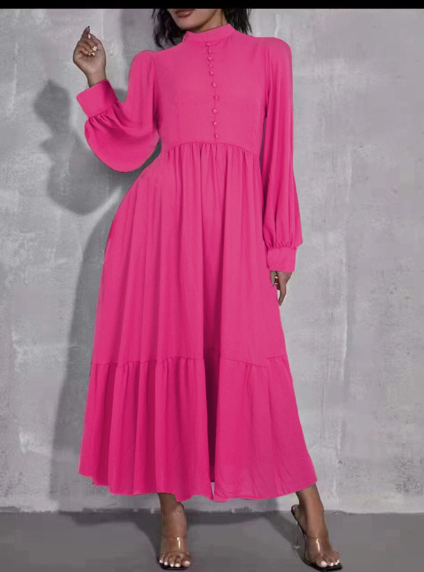 Hot-pink midi dress with puff sleeves, button front, and tiered skirt