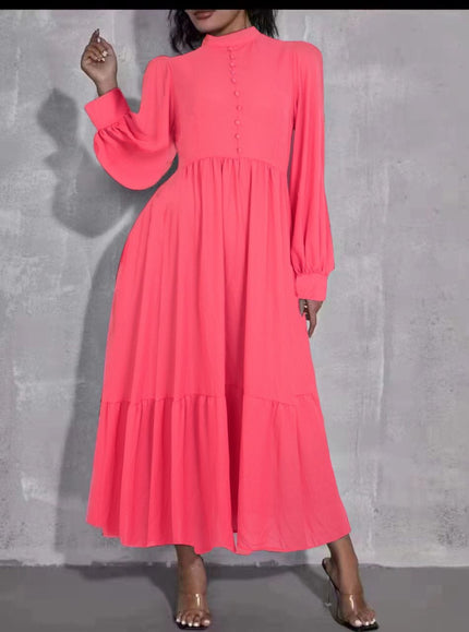 Bright pink midi dress with puff sleeves, button front, and tiered skirt