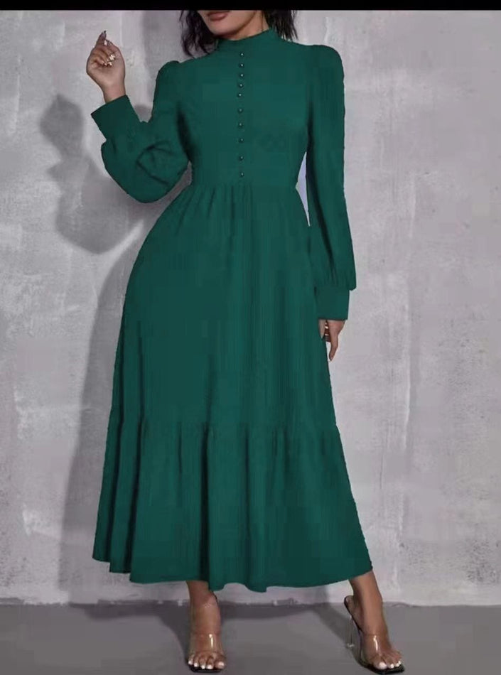 Dark-green midi dress with puff sleeves, button front, and tiered skirt