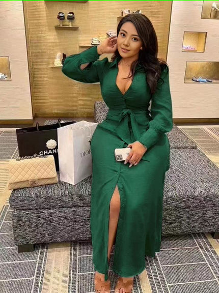 Dark green V-neck maxi dress with waist tie and high front slit