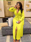 Yellow V-neck maxi dress with waist tie and high front slit