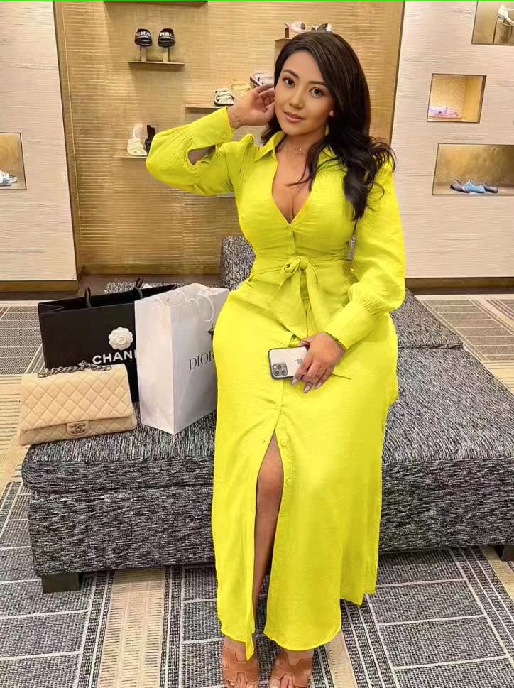 Long-Sleeve V-Neck Dress with Waist Tie Detail, Button Front, and High Slit Design