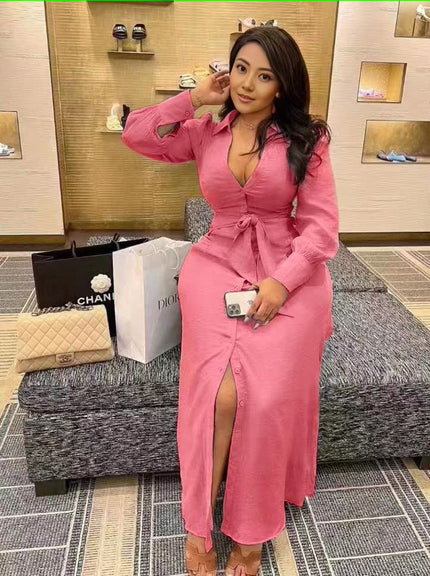 Pink V-neck maxi dress with waist tie and high front slit