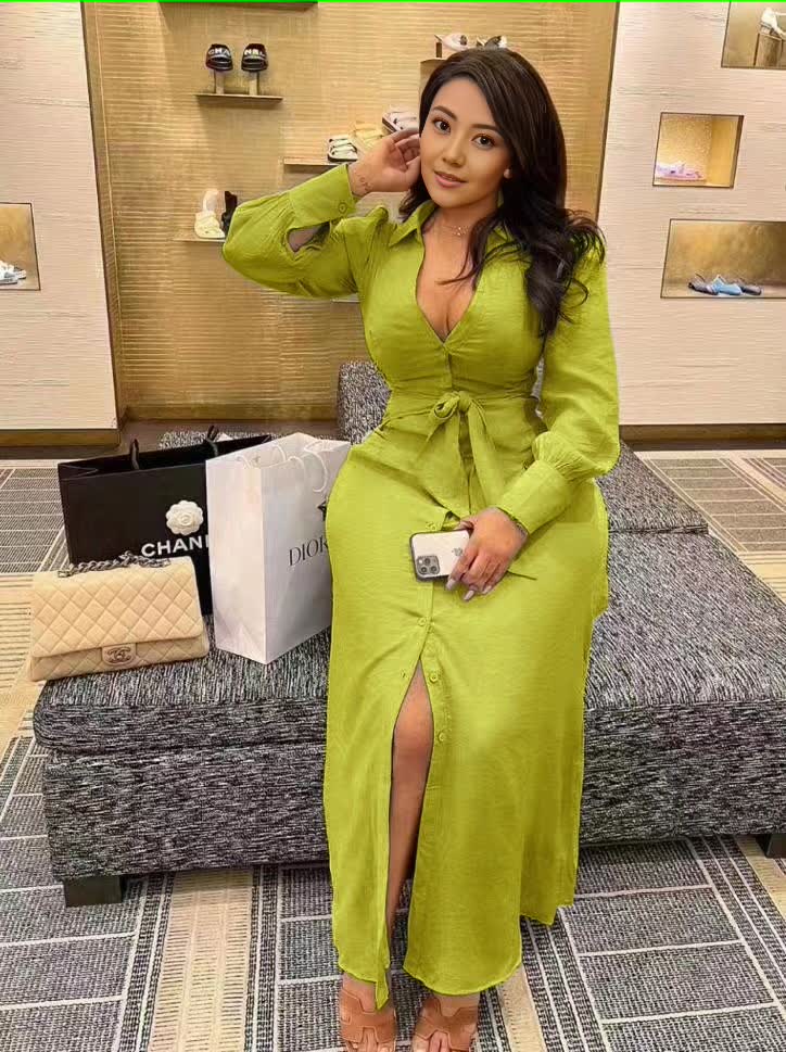 Long-Sleeve V-Neck Dress with Waist Tie Detail, Button Front, and High Slit Design