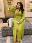 Lime green V-neck maxi dress with waist tie and high front slit